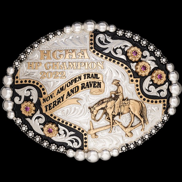 The Sunrise Custom Belt Buckle features a graduated bead edge, silver scrolllwork and bronze florals in black enamel. Customize it with your rodeo or western figure now!
